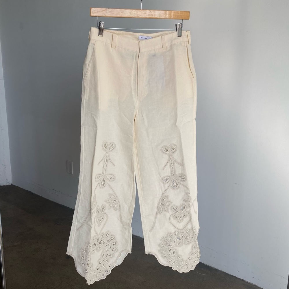 RHODE Cream Embroidered Wide-Leg Linen Trousers